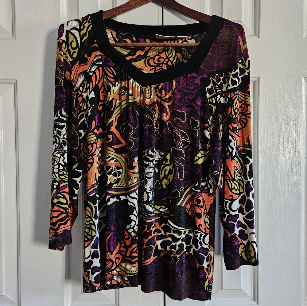 Chicos Travelers Womens 2 L Top Floral Slinky Acetate Boho Dopamine Colorful